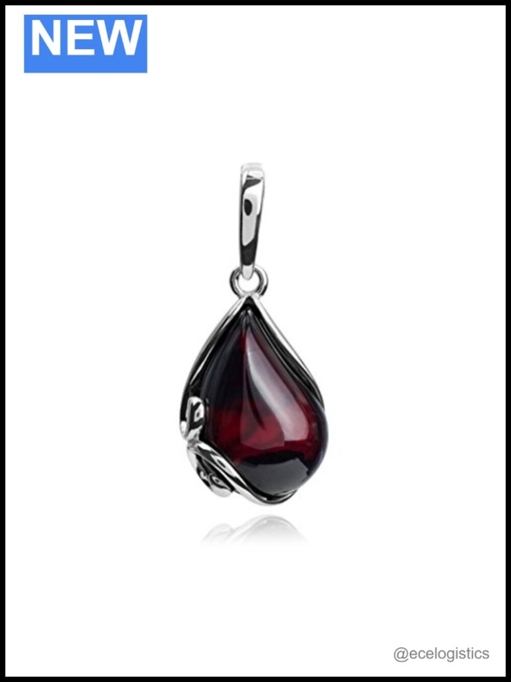 Genuine Cherry Amber Sterling Silver Teardrop Pendant Necklace